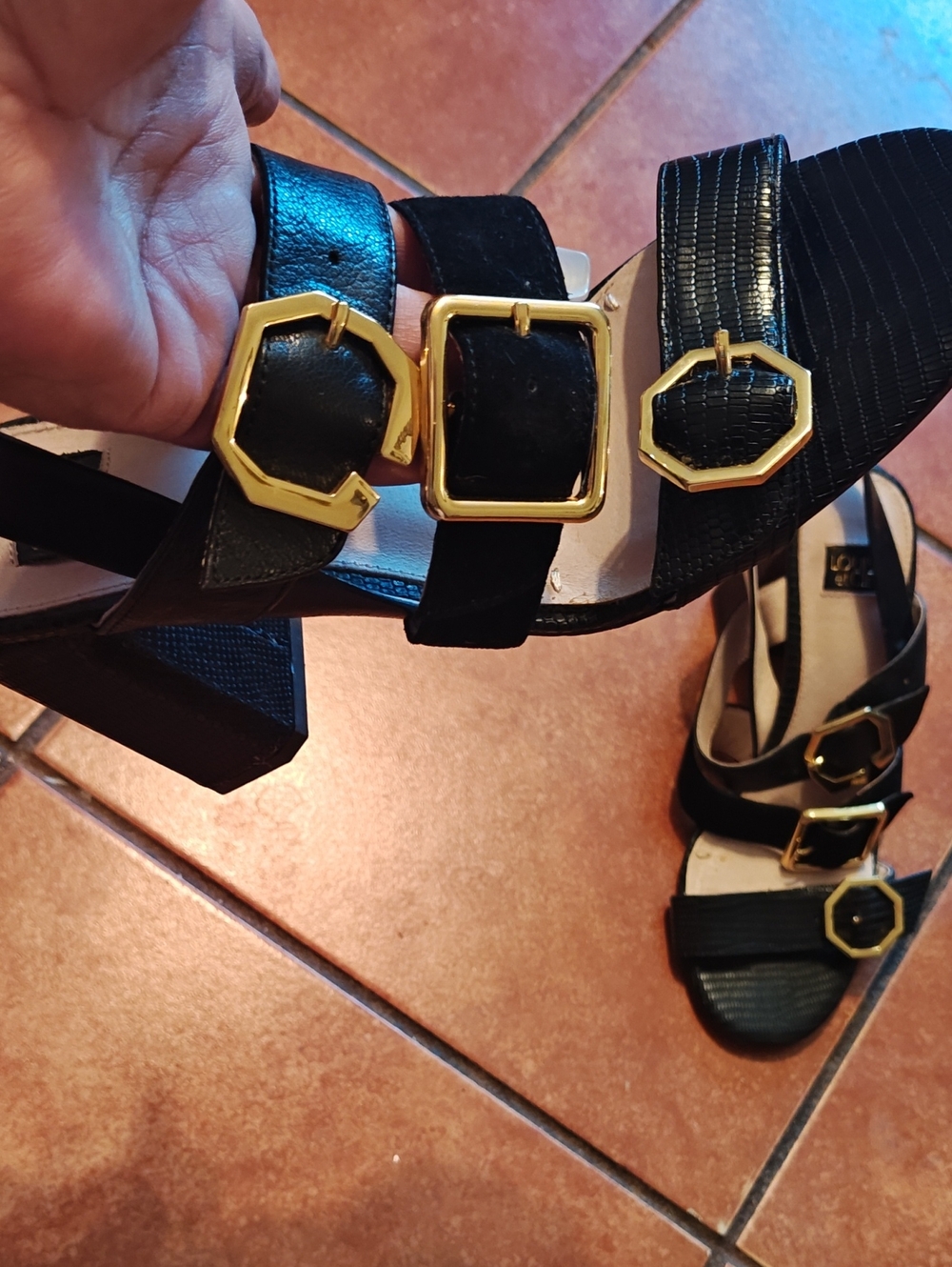 Louise et Cie Black and Gold Logo Inset Sandal